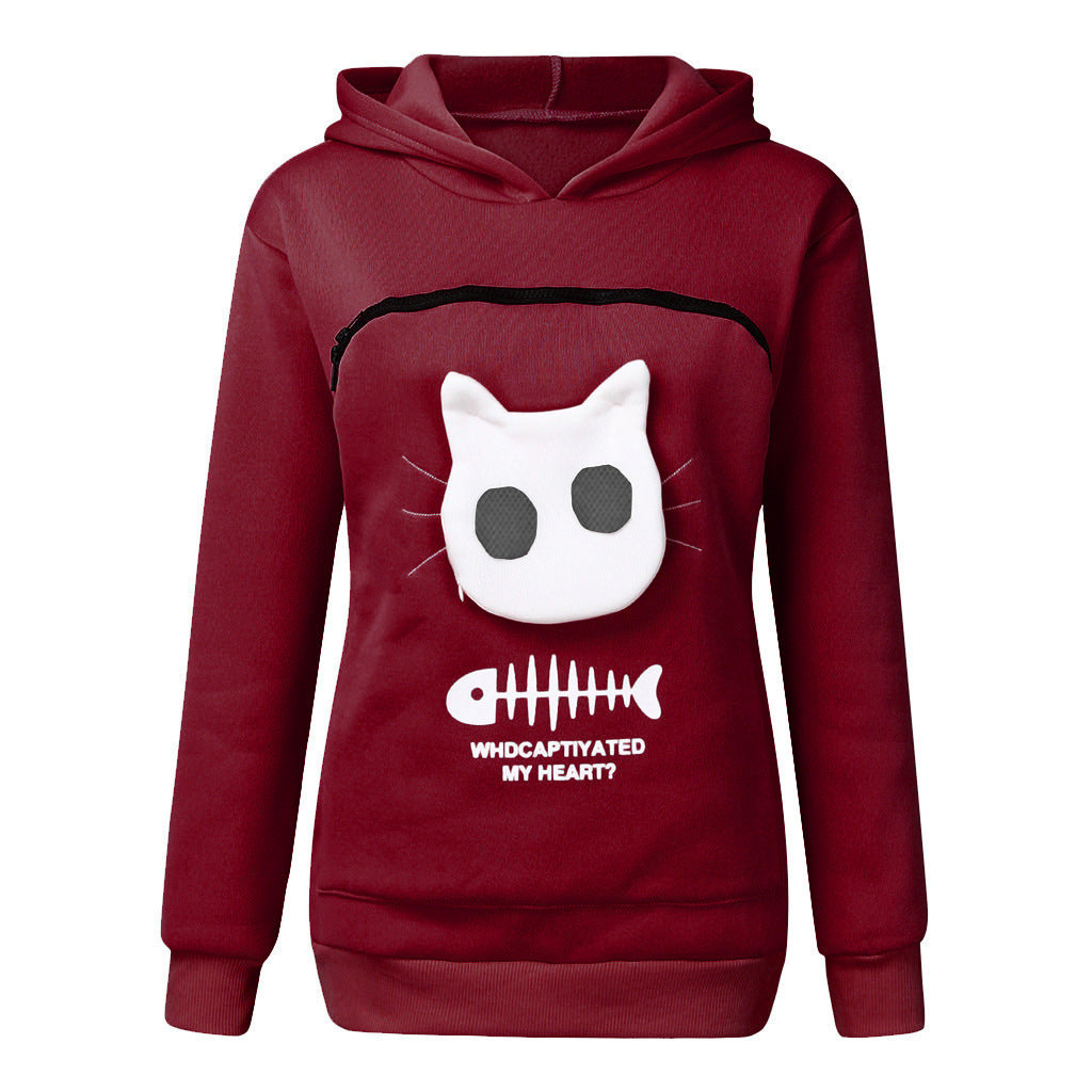 Women's Hoodie with Cat Pocket - Long Sleeve Pet Sweater