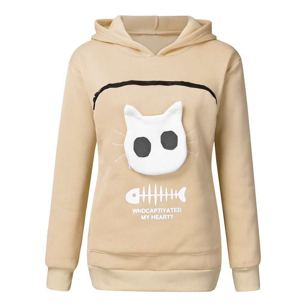 Women's Hoodie with Cat Pocket - Long Sleeve Pet Sweater