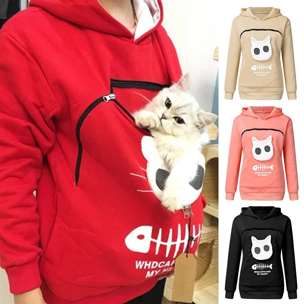 Women's Hoodie with Cat Pocket - Long Sleeve Pet Sweater