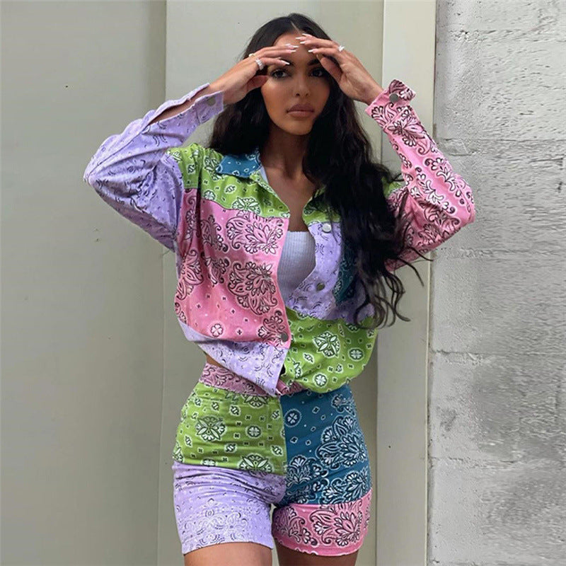 Women's Fashion Print Suit - Single-Breasted Tee & Hip Shorts