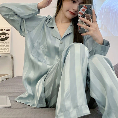 Women's Ice Silk Long Sleeve Pajama Set - Ultra-Soft Home Wear